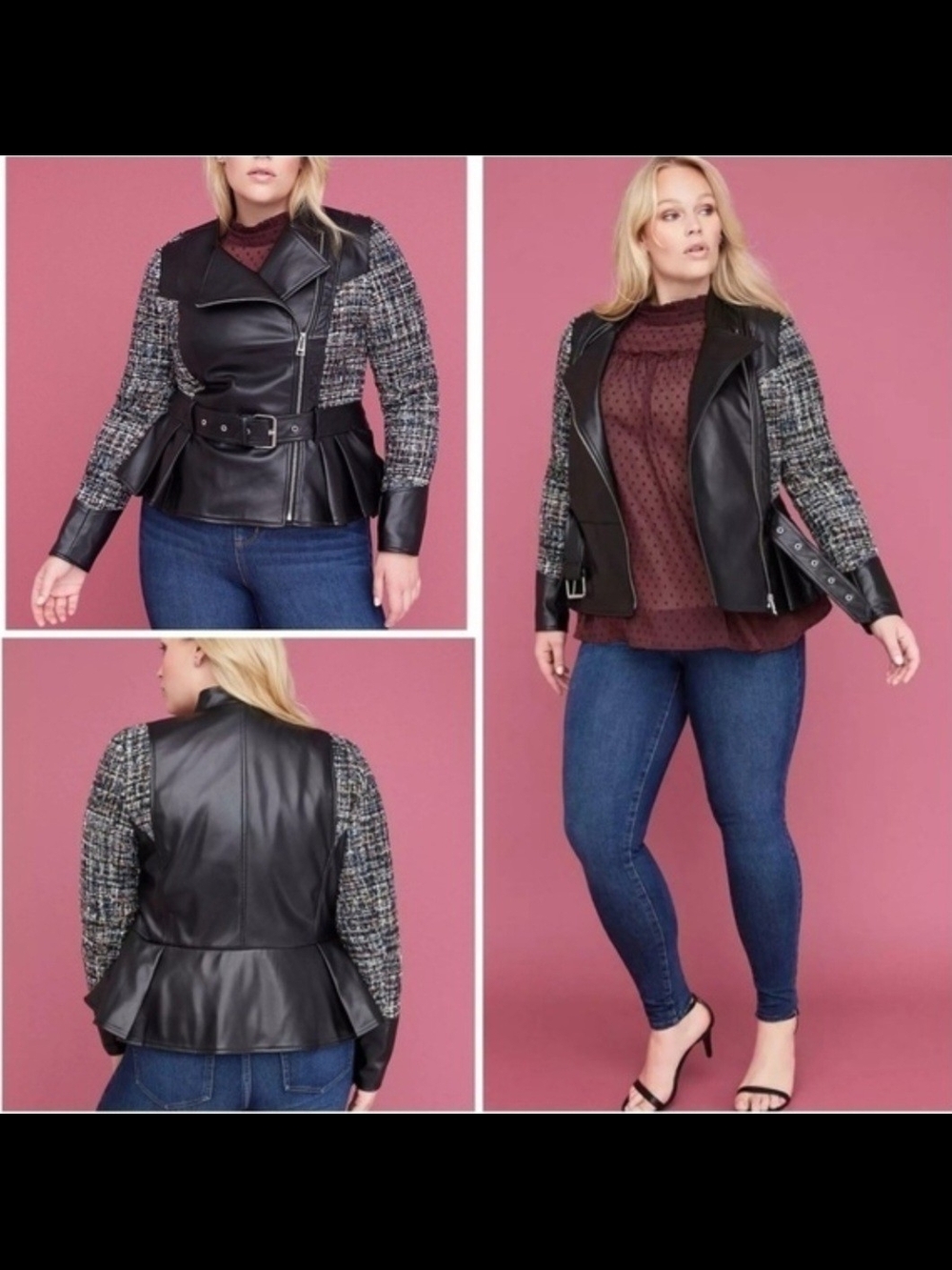 Lane Bryant Black Faux Leather & Tweed Peplum Moto Jacket | Plus Size